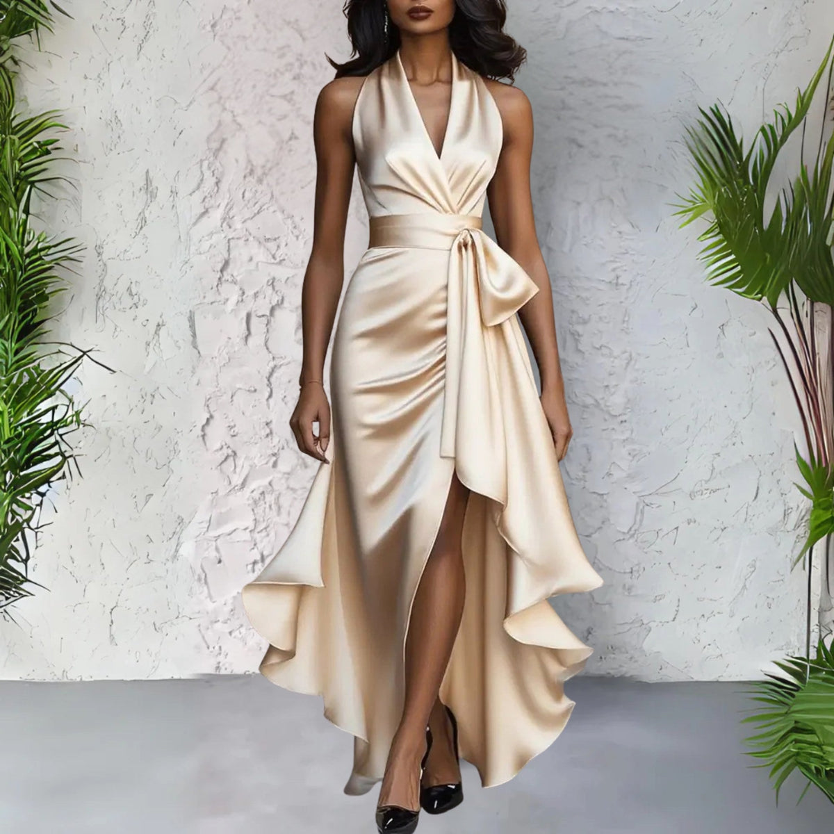Hallie | Women's Halterneck Maxi Dress, Wrap-Waist Evening Dress | Bella Blue | Burgundy