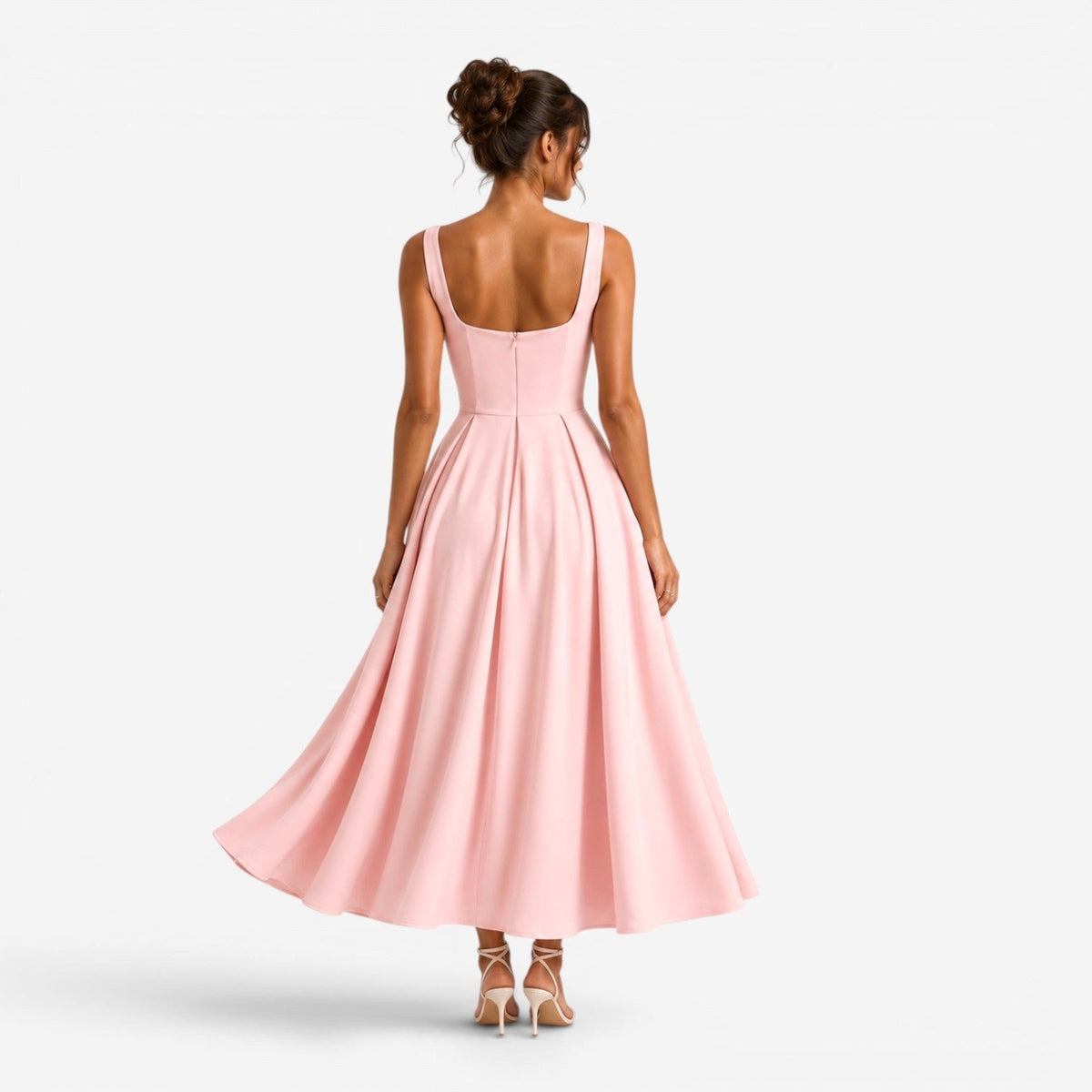 Hallie | Women's Pink Square-Neck Midi Dress, Sleeveless Occasion Dress | Bella Blue
