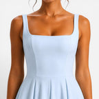 Hallie | Women's Pink Square-Neck Midi Dress, Sleeveless Occasion Dress | Bella Blue