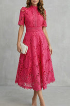 Hannah | Women's Midi Dress with Lace Fan Pattern and Short Sleeves, Occasion Midi Dress | Bella Blue