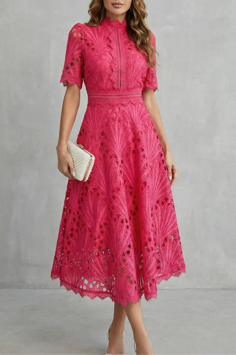 Hannah | Women's Midi Dress with Lace Fan Pattern and Short Sleeves, Occasion Midi Dress | Bella Blue