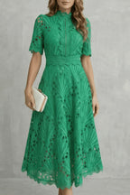 Hannah | Women's Midi Dress with Lace Fan Pattern and Short Sleeves, Occasion Midi Dress | Bella Blue