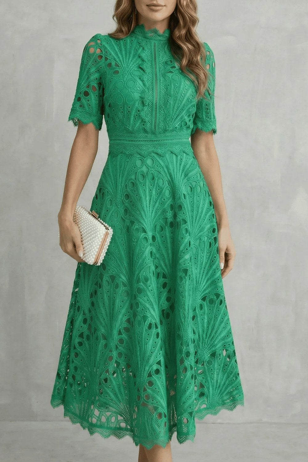 Hannah | Women's Midi Dress with Lace Fan Pattern and Short Sleeves, Occasion Midi Dress | Bella Blue