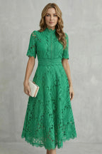 Hannah | Women's Midi Dress with Lace Fan Pattern and Short Sleeves, Occasion Midi Dress | Bella Blue
