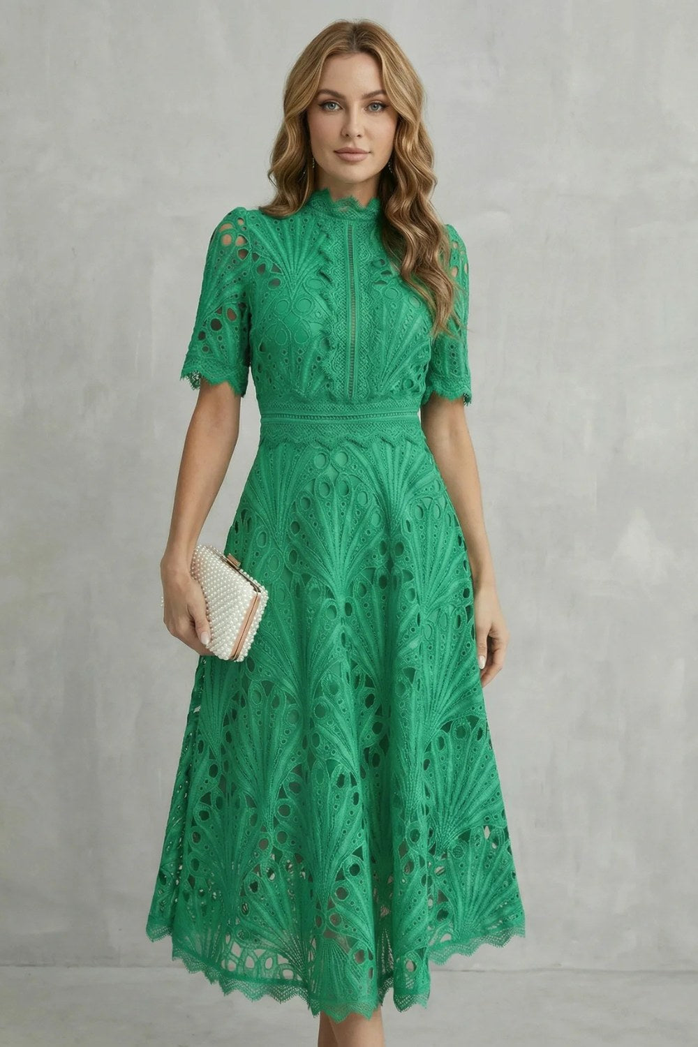 Hannah | Women's Midi Dress with Lace Fan Pattern and Short Sleeves, Occasion Midi Dress | Bella Blue