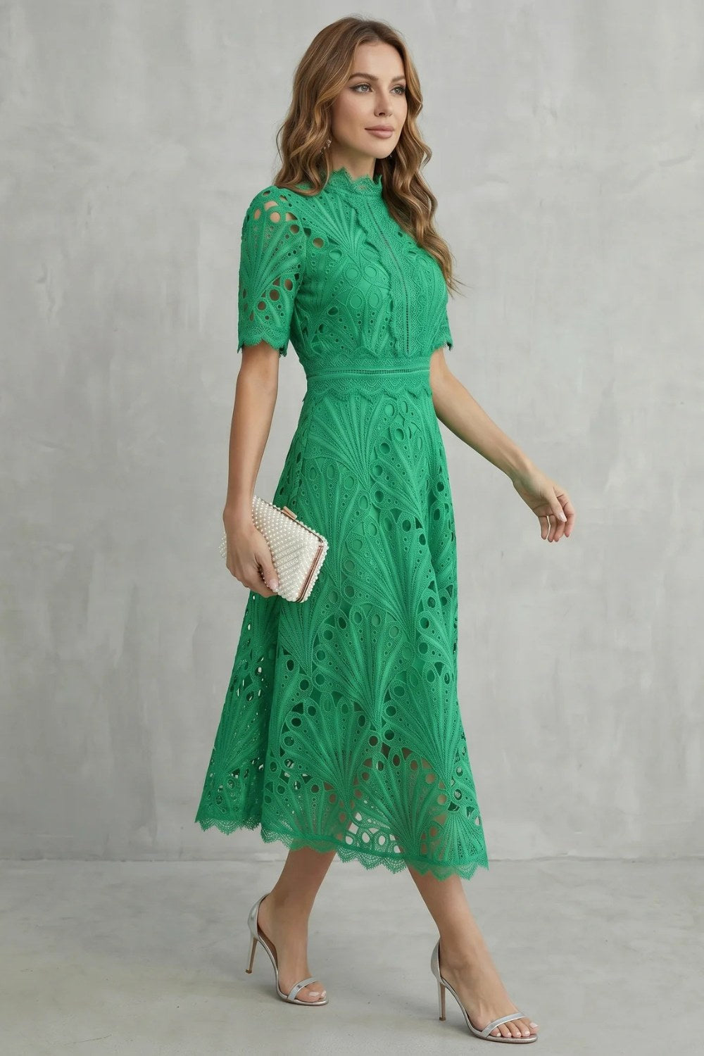 Hannah | Women's Midi Dress with Lace Fan Pattern and Short Sleeves, Occasion Midi Dress | Bella Blue