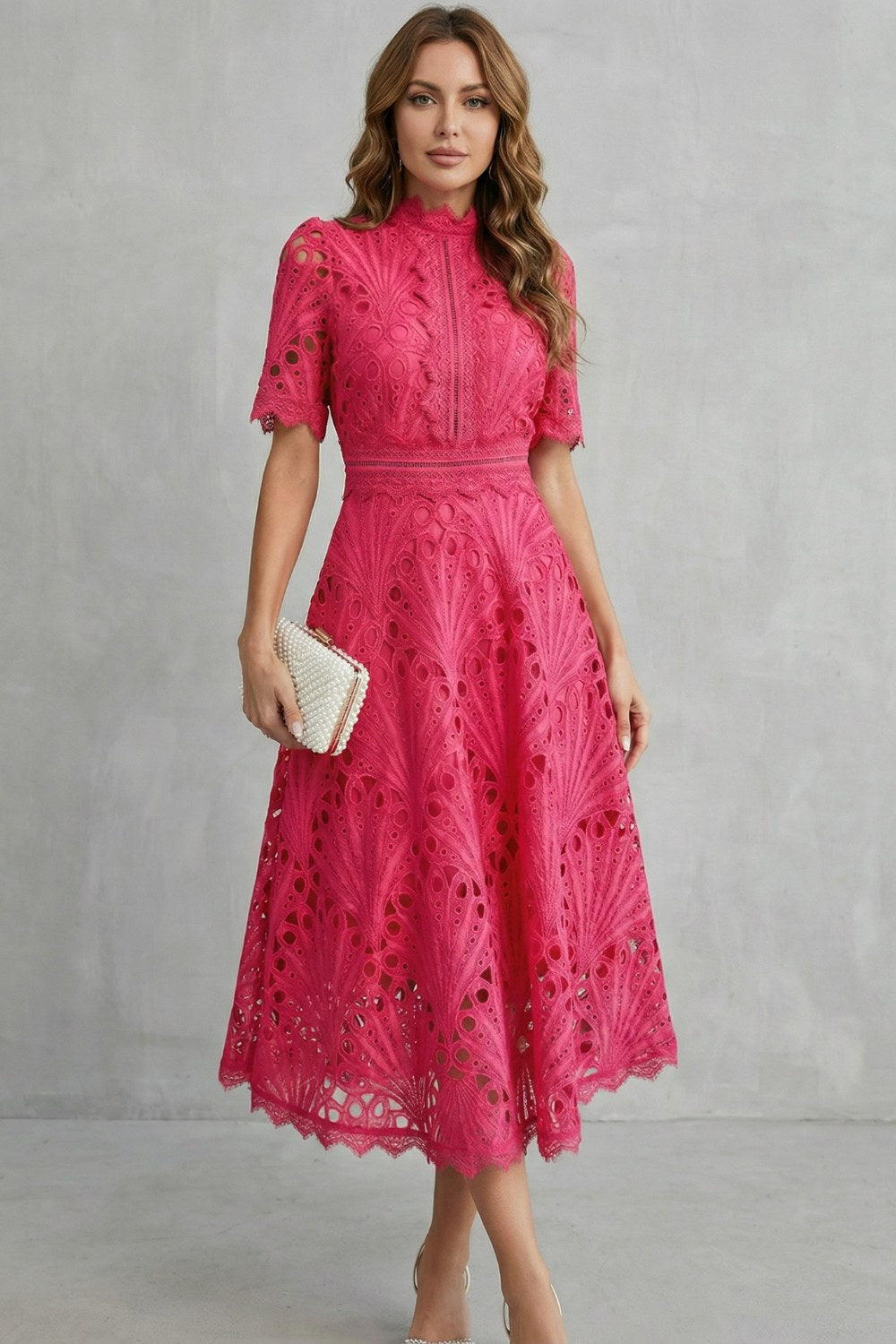 Hannah | Women's Midi Dress with Lace Fan Pattern and Short Sleeves, Occasion Midi Dress | Bella Blue