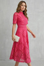 Hannah | Women's Midi Dress with Lace Fan Pattern and Short Sleeves, Occasion Midi Dress | Bella Blue