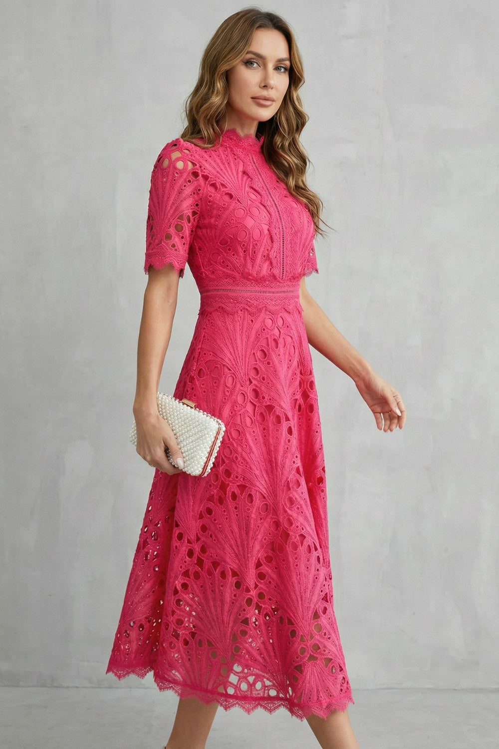 Hannah | Women's Midi Dress with Lace Fan Pattern and Short Sleeves, Occasion Midi Dress | Bella Blue