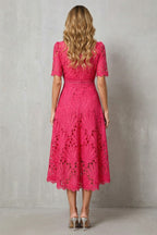Hannah | Women's Midi Dress with Lace Fan Pattern and Short Sleeves, Occasion Midi Dress | Bella Blue