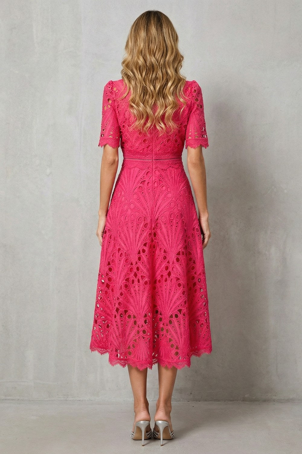 Hannah | Women's Midi Dress with Lace Fan Pattern and Short Sleeves, Occasion Midi Dress | Bella Blue