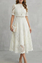 Hannah | Women's Midi Dress with Lace Fan Pattern and Short Sleeves, Occasion Midi Dress | Bella Blue