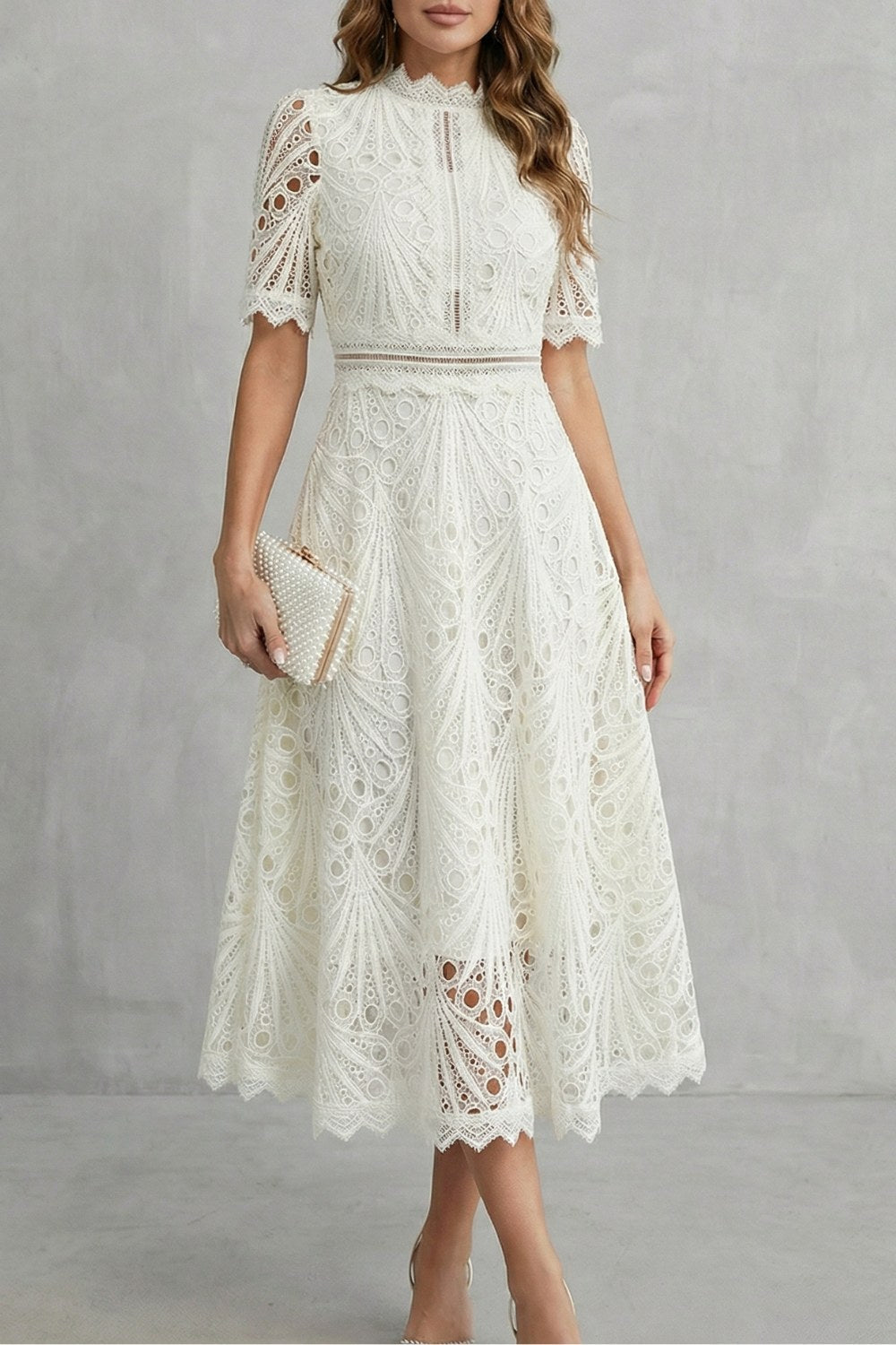 Hannah | Women's Midi Dress with Lace Fan Pattern and Short Sleeves, Occasion Midi Dress | Bella Blue