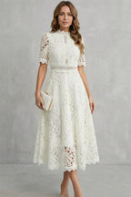 Hannah | Women's Midi Dress with Lace Fan Pattern and Short Sleeves, Occasion Midi Dress | Bella Blue
