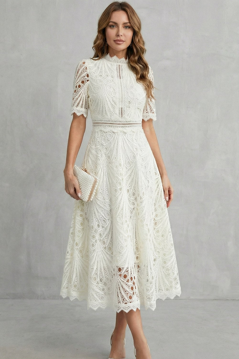 Hannah | Women's Midi Dress with Lace Fan Pattern and Short Sleeves, Occasion Midi Dress | Bella Blue
