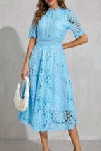 Hannah | Women's Midi Dress with Lace Fan Pattern and Short Sleeves, Occasion Midi Dress | Bella Blue