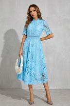 Hannah | Women's Midi Dress with Lace Fan Pattern and Short Sleeves, Occasion Midi Dress | Bella Blue