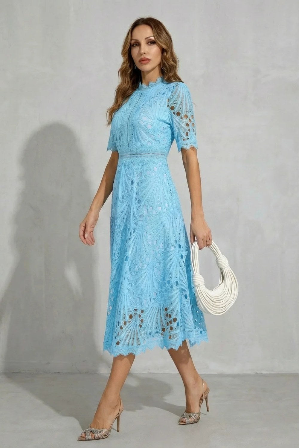 Hannah | Women's Midi Dress with Lace Fan Pattern and Short Sleeves, Occasion Midi Dress | Bella Blue