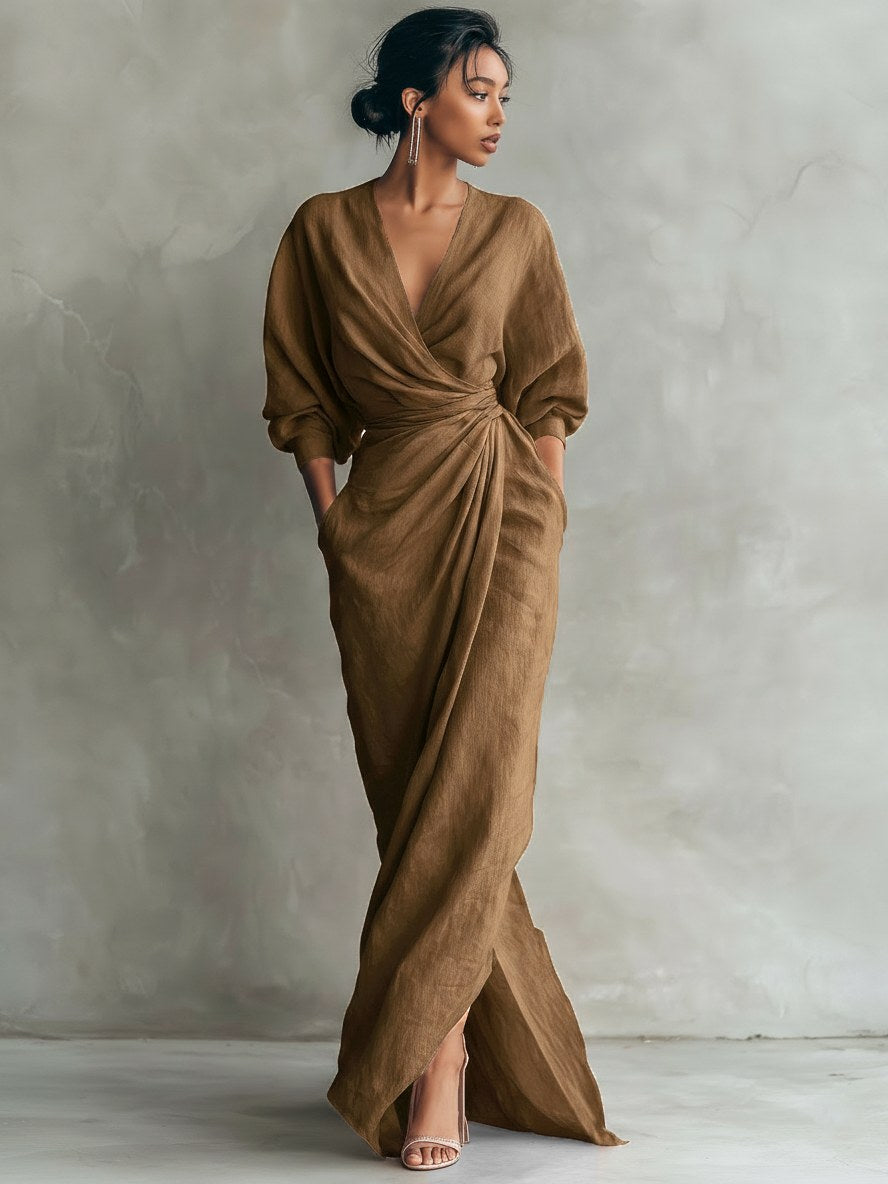 Harper | Women's V-Neck Linen Blend Maxi Dress - Black