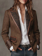 Harriet | Women's Tailored Blazer with Patterned Lapel Trim, Double-Breasted Blazer Suit | Bella Blue