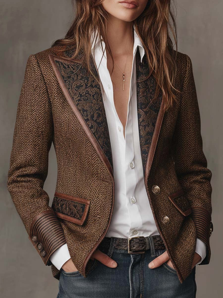 Harriet | Women's Tailored Blazer with Patterned Lapel Trim, Double-Breasted Blazer Suit | Bella Blue