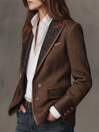 Harriet | Women's Tailored Blazer with Patterned Lapel Trim, Double-Breasted Blazer Suit | Bella Blue