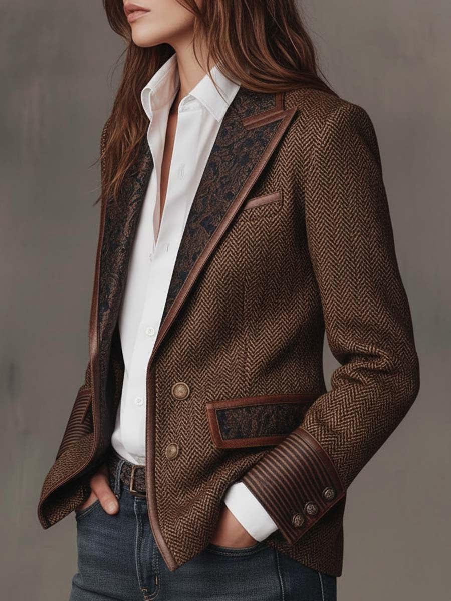 Harriet | Women's Tailored Blazer with Patterned Lapel Trim, Double-Breasted Blazer Suit | Bella Blue
