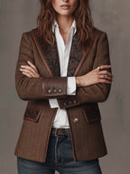 Harriet | Women's Tailored Blazer with Patterned Lapel Trim, Double-Breasted Blazer Suit | Bella Blue