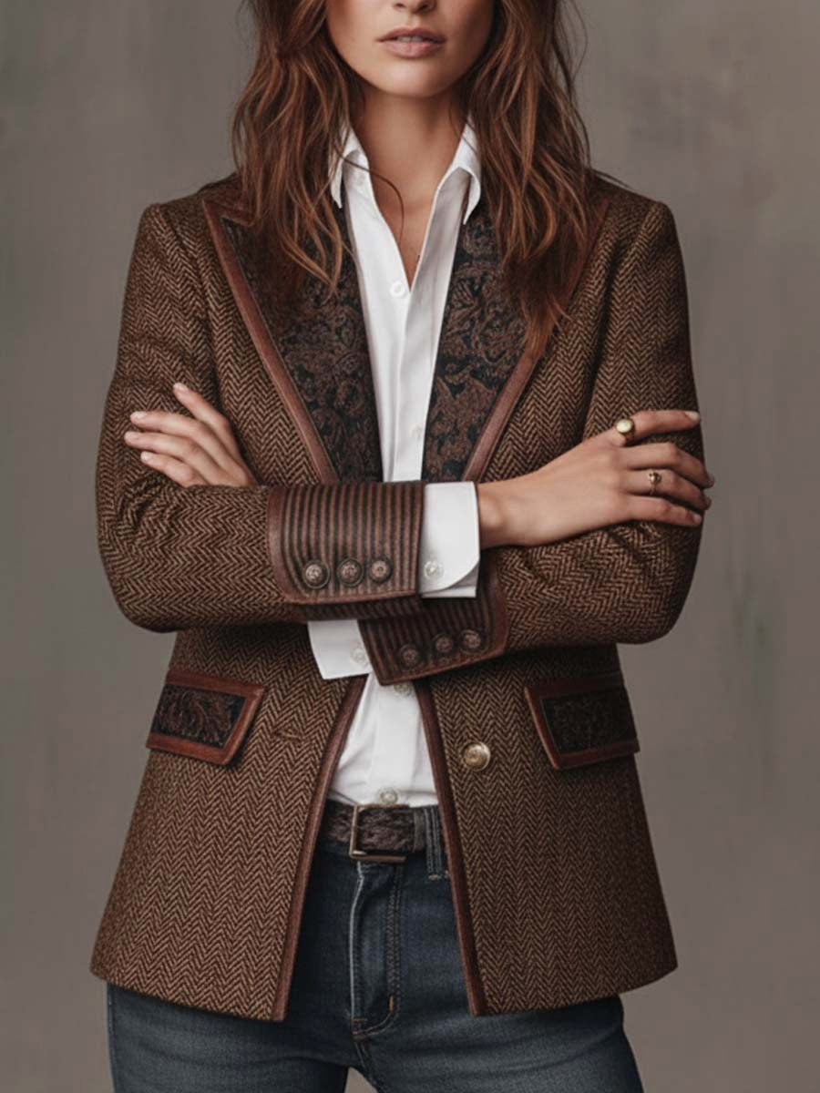 Harriet | Women's Tailored Blazer with Patterned Lapel Trim, Double-Breasted Blazer Suit | Bella Blue