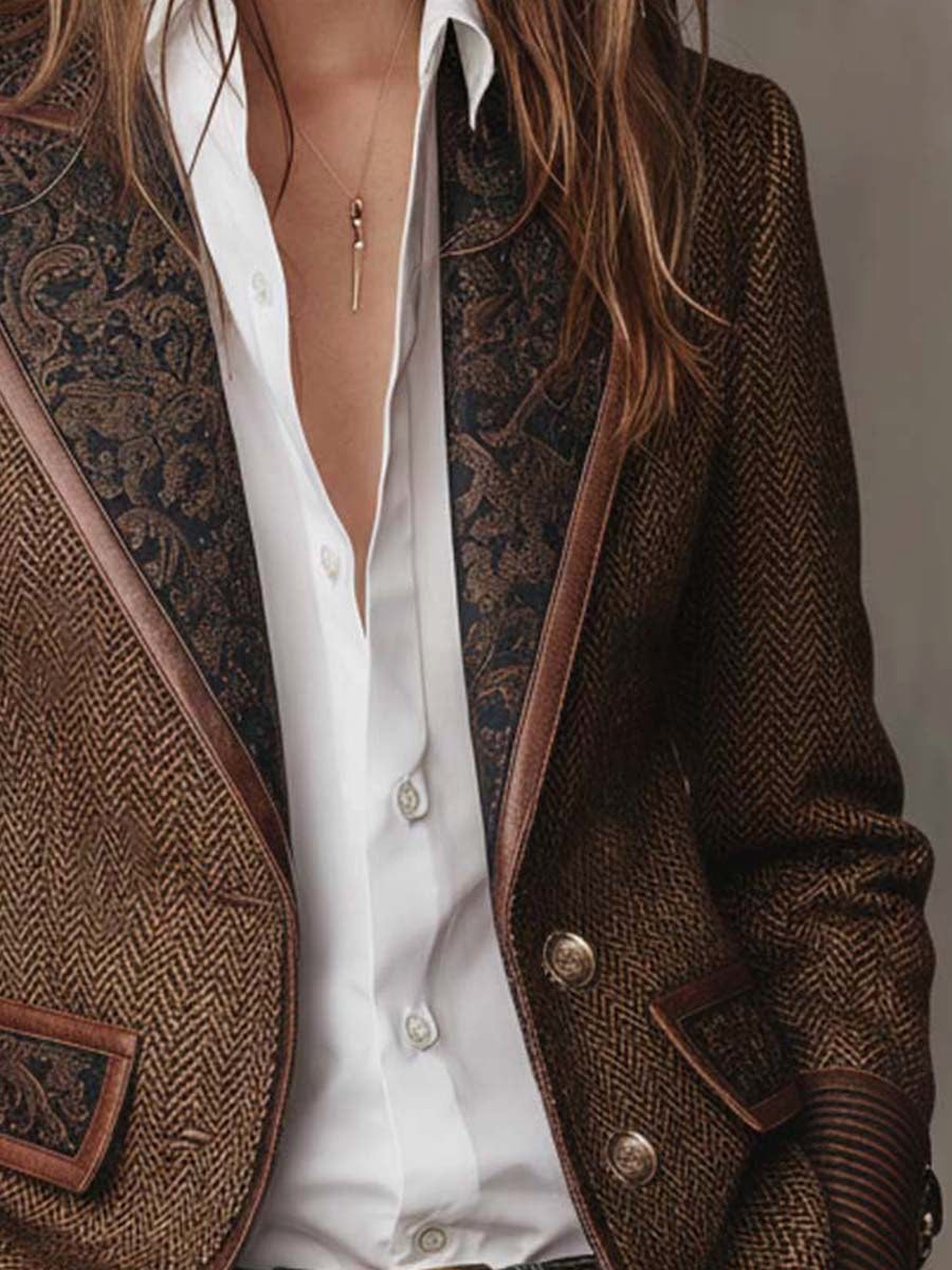 Harriet | Women's Tailored Blazer with Patterned Lapel Trim, Double-Breasted Blazer Suit | Bella Blue