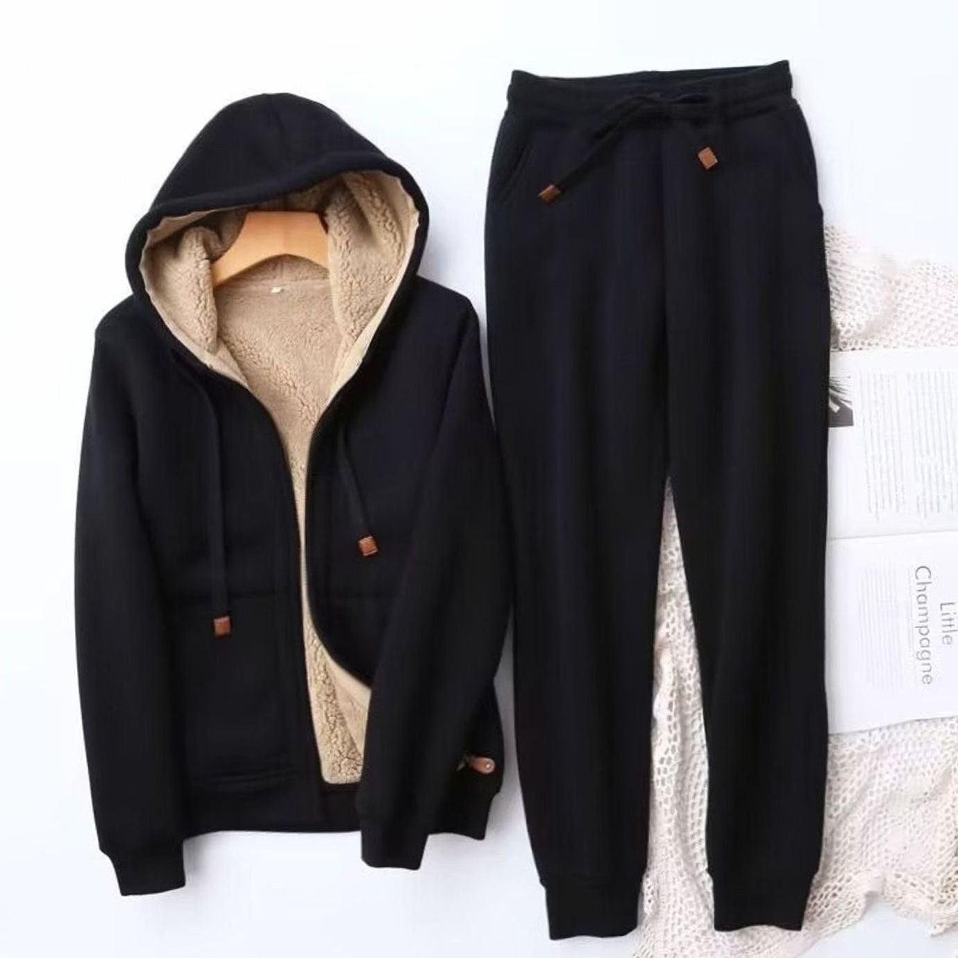 Helena | Women's Fleece-Lined Hoodie Jogger Tracksuit, Warming Set of Hoodie and Joggers | Bella Blue | Black