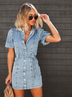 Helene | Women's Button-Up Denim Mini Dress, Shirt-Style Denim Dress | Bella Blue | Blue