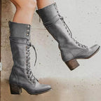 Henriette | Women's Lace-Up Leather Combat Boots, Block Heel Ankle Boots | Bella Blue