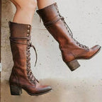 Henriette | Women's Lace-Up Leather Combat Boots, Block Heel Ankle Boots | Bella Blue