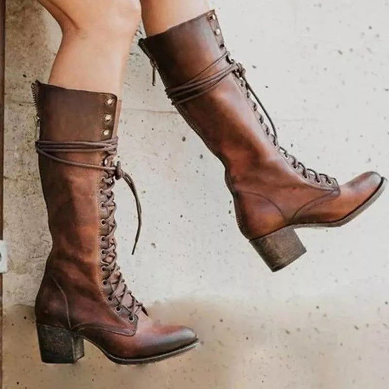 Henriette | Women's Lace-Up Leather Combat Boots, Block Heel Ankle Boots | Bella Blue