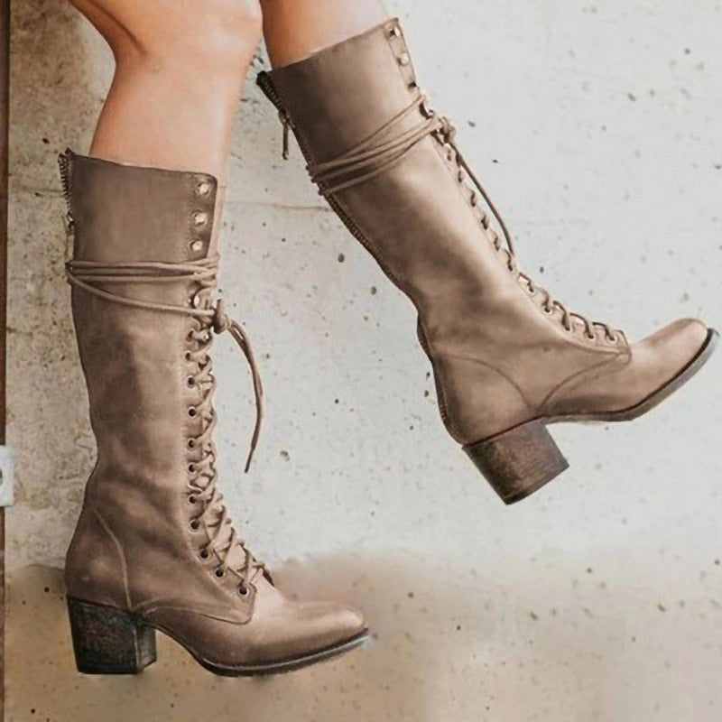 Henriette | Women's Lace-Up Leather Combat Boots, Block Heel Ankle Boots | Bella Blue