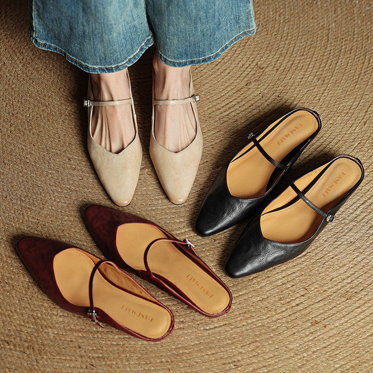 Holly | Women's Leather Mary Jane Mules, Pointed Toe Comfort Shoes | Bella Blue