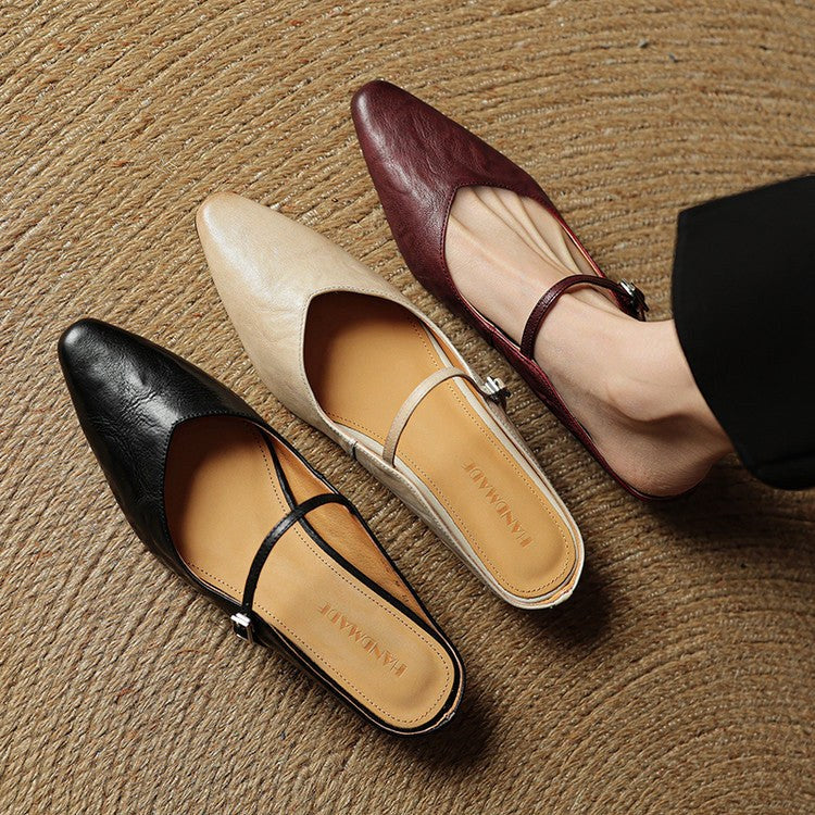 Holly | Women's Leather Mary Jane Mules, Pointed Toe Comfort Shoes | Bella Blue