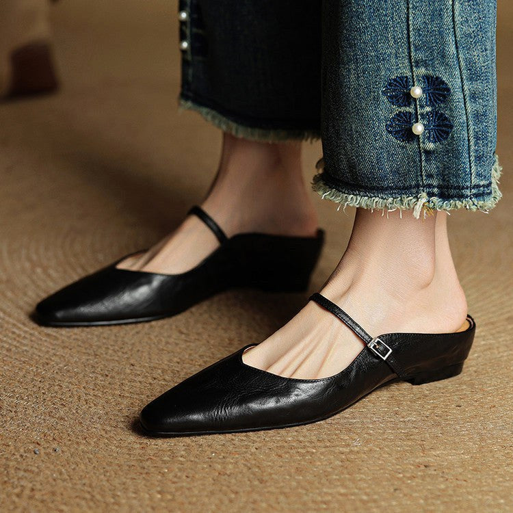 Holly | Women's Leather Mary Jane Mules, Pointed Toe Comfort Shoes | Bella Blue
