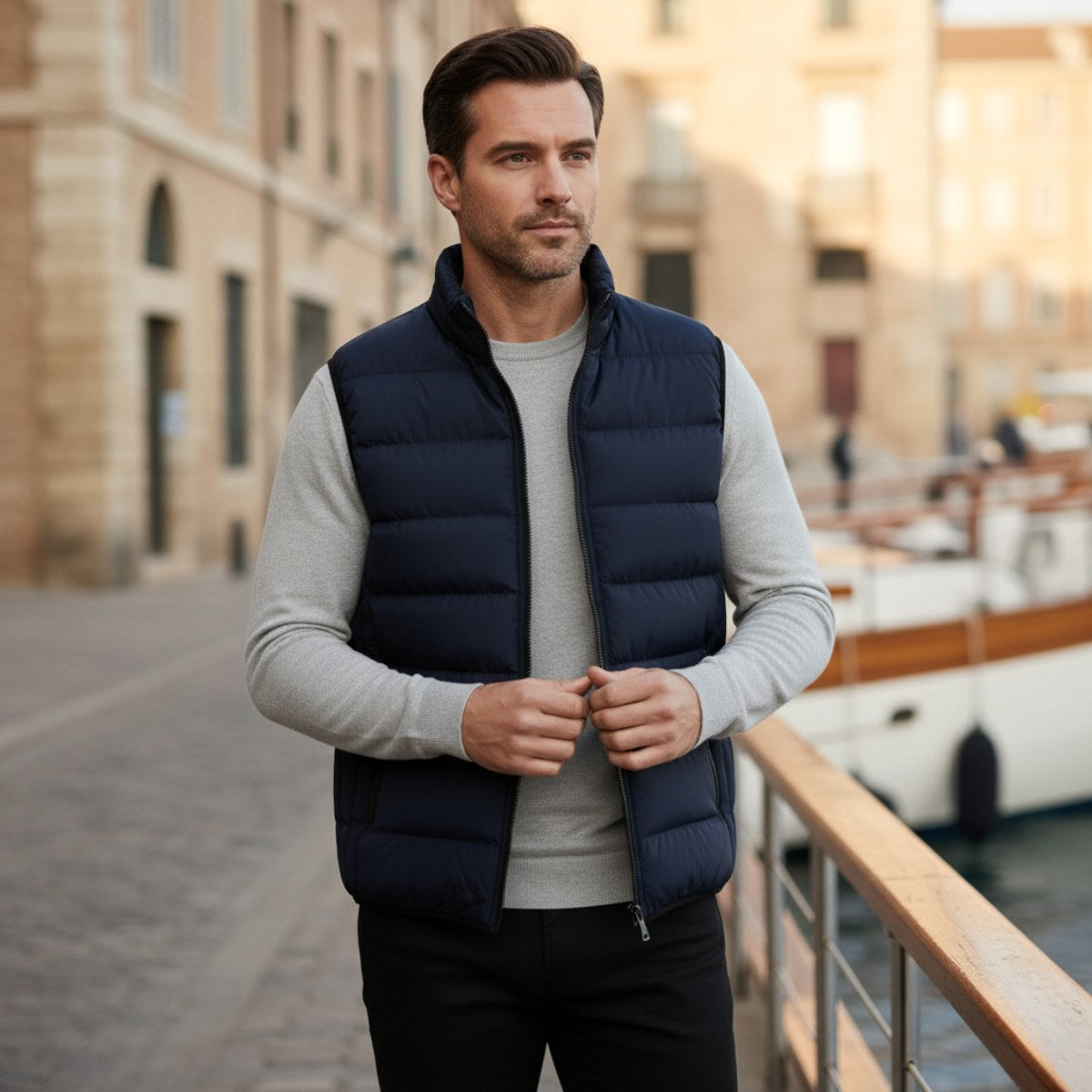 Hunter | Men's Quilted Puffer Gilet, Sleeveless Layering Gilet | Bella Blue