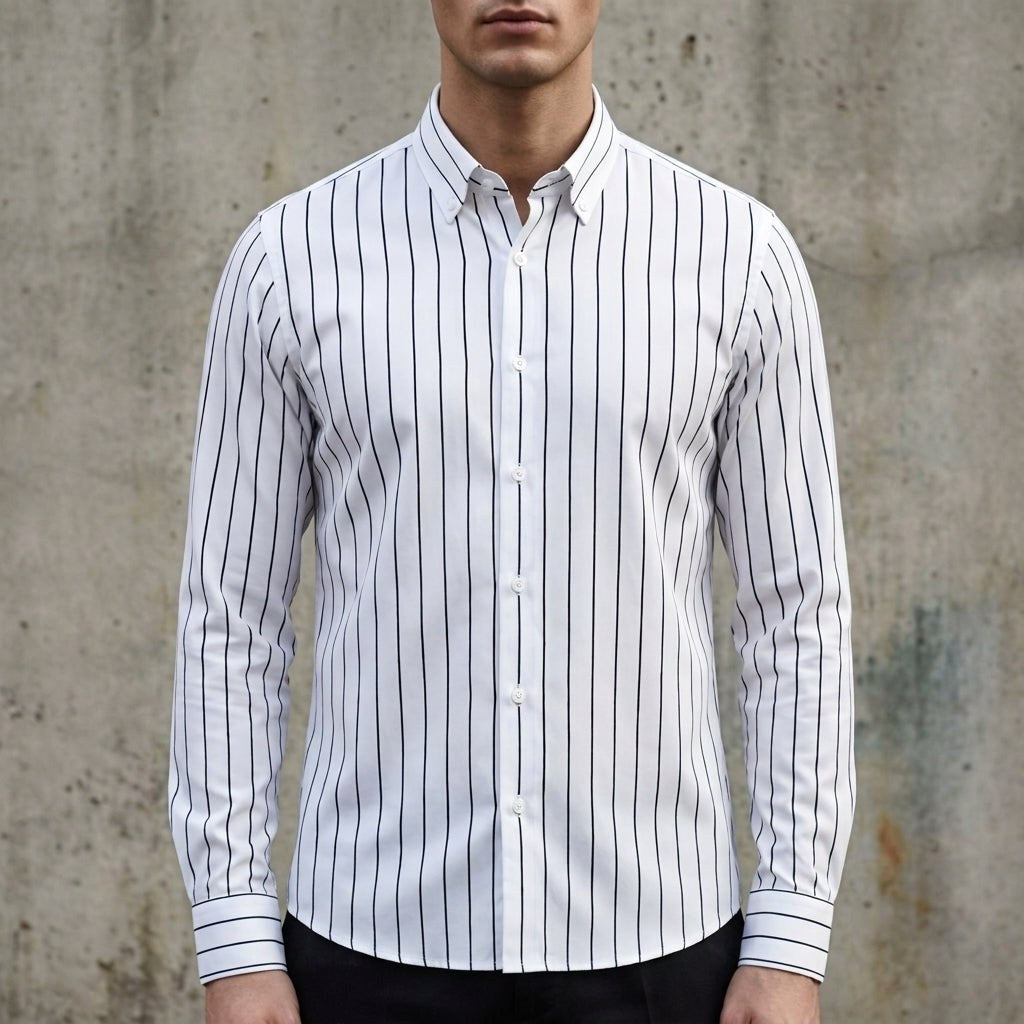 Isaac | Men's Striped Cotton-Blend Button-Up Shirt, Long-Sleeve Smart Casual Shirt | Bella Blue