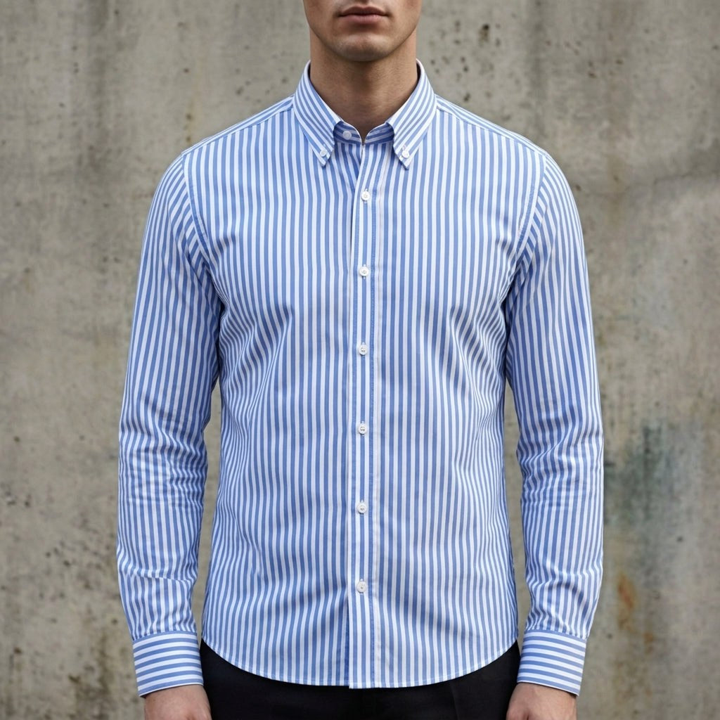 Isaac | Men's Striped Cotton-Blend Button-Up Shirt, Long-Sleeve Smart Casual Shirt | Bella Blue