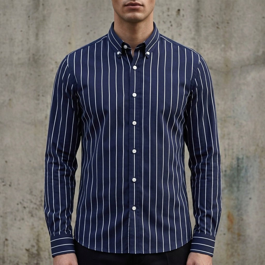 Isaac | Men's Striped Cotton-Blend Button-Up Shirt, Long-Sleeve Smart Casual Shirt | Bella Blue