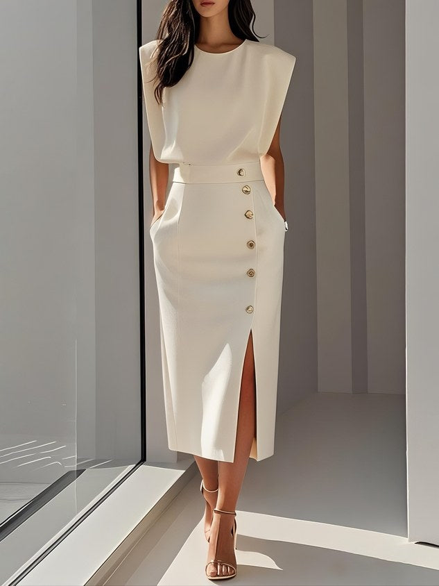 Isabelle | Women's Sleeveless Midi Dress with Button Front, A-Line Midi Dress | Bella Blue | Beige