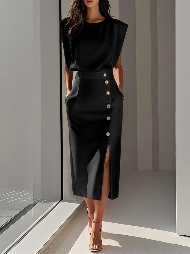 Isabelle | Women's Sleeveless Midi Dress with Button Front, A-Line Midi Dress | Bella Blue | Black