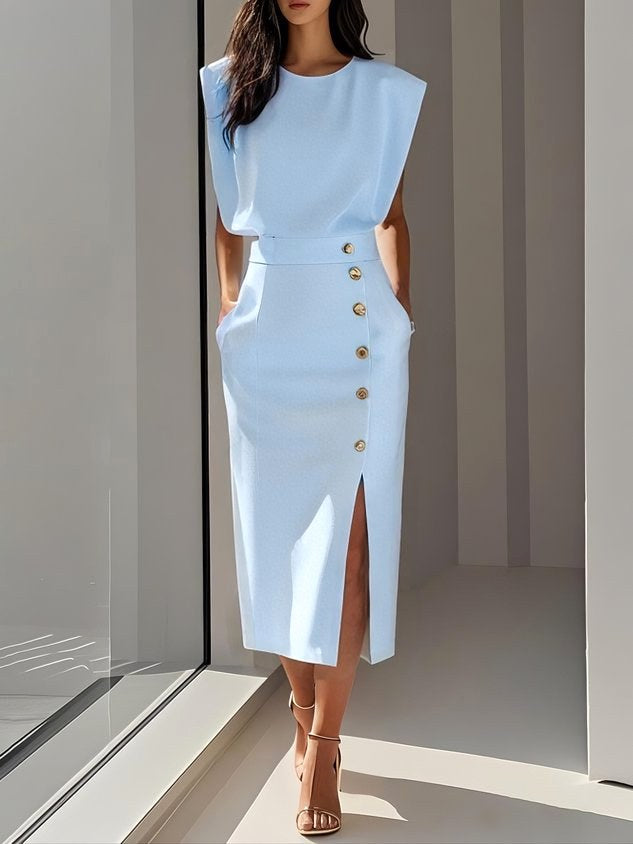 Isabelle | Women's Sleeveless Midi Dress with Button Front, A-Line Midi Dress | Bella Blue | Light Blue
