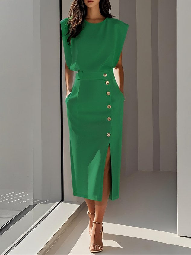 Isabelle | Women's Sleeveless Midi Dress with Button Front, A-Line Midi Dress | Bella Blue | Green