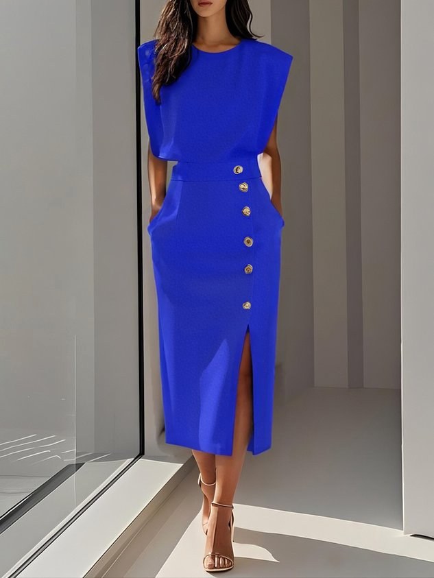 Isabelle | Women's Sleeveless Midi Dress with Button Front, A-Line Midi Dress | Bella Blue | Royal Blue