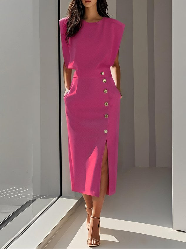Isabelle | Women's Sleeveless Midi Dress with Button Front, A-Line Midi Dress | Bella Blue | Light Pink