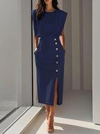 Isabelle | Women's Sleeveless Midi Dress with Button Front, A-Line Midi Dress | Bella Blue | Blue